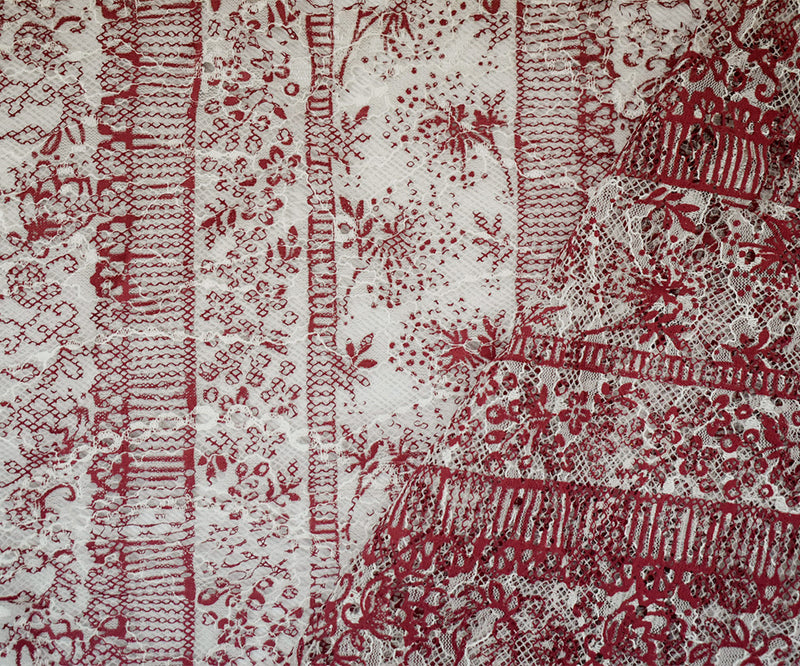 Red-White Nylon Floral Stripe Printed Lace Mesh Knit Fabric