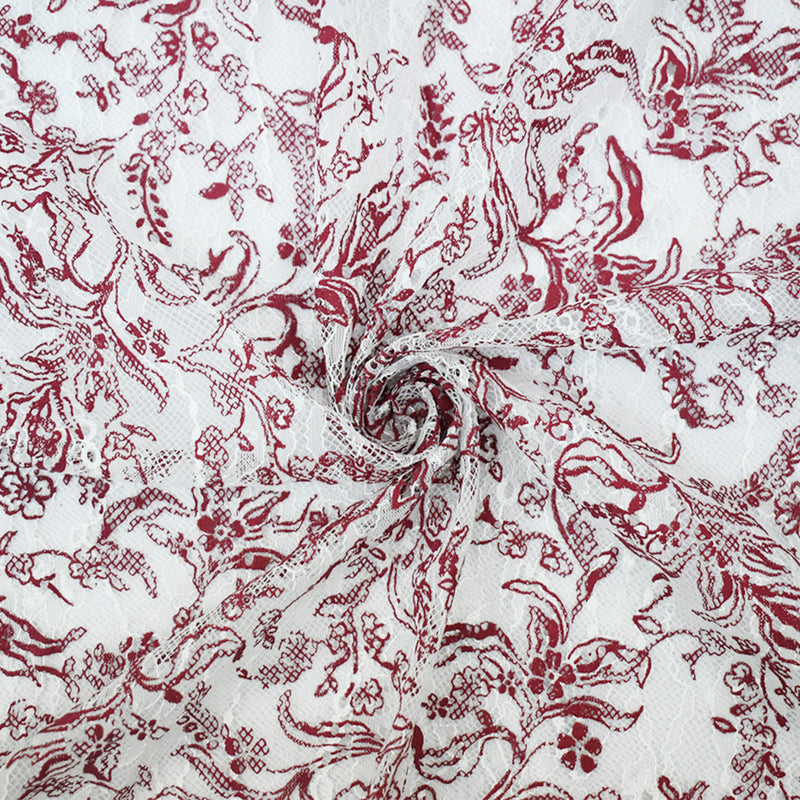 White-Deep Red Nylon Floral Vine Printed Lace Mesh Knit Fabric