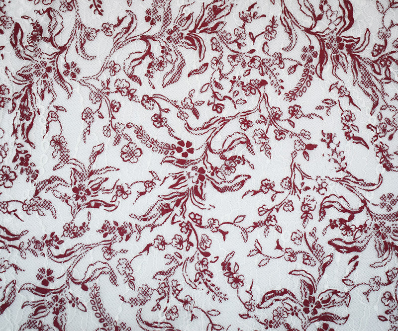 White-Deep Red Nylon Floral Vine Printed Lace Mesh Knit Fabric