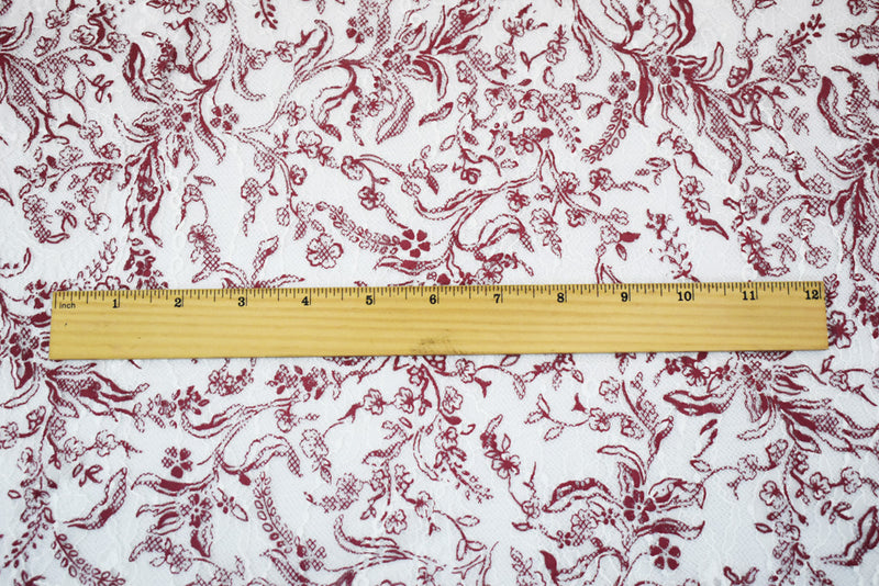 White-Deep Red Nylon Floral Vine Printed Lace Mesh Knit Fabric