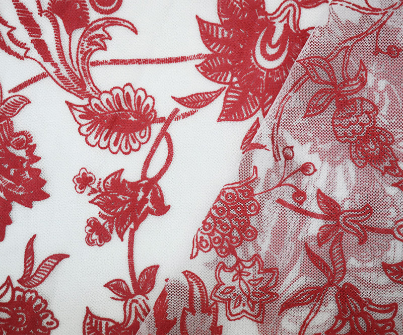 White-Red Nylon Floral Printed Mesh Tulle Knit Fabric