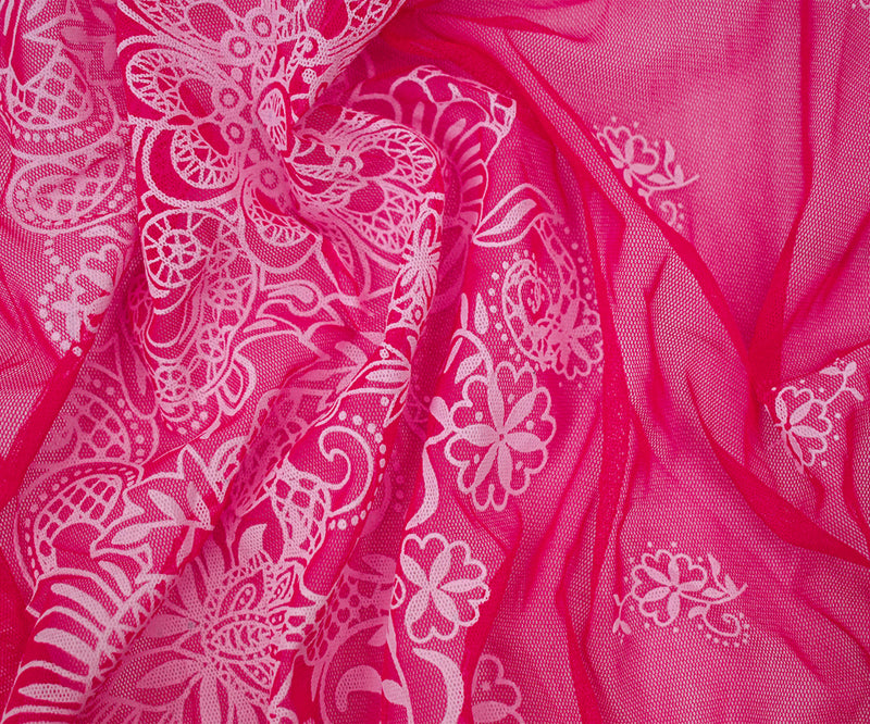 Red-White Nylon Floral Border Printed Mesh Tulle Knit Fabric