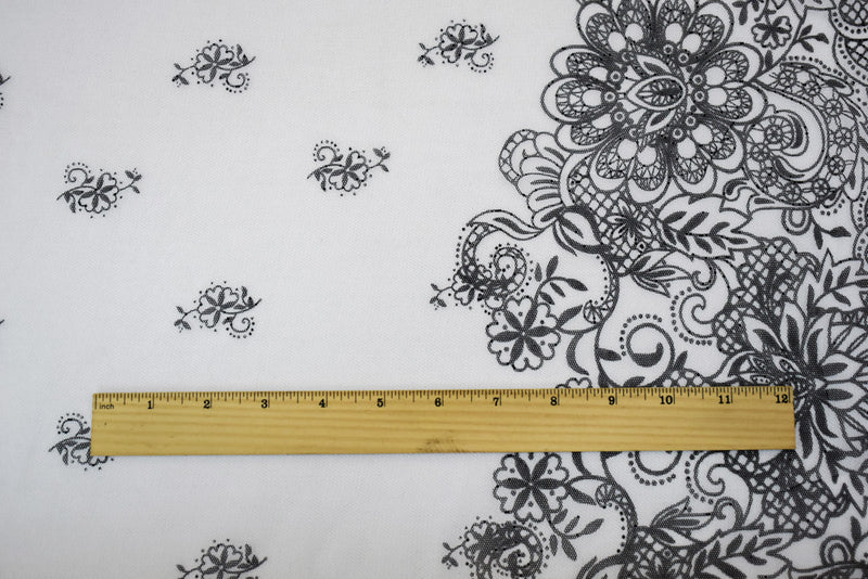 White-Black Nylon Floral Border Printed Mesh Tulle Knit Fabric