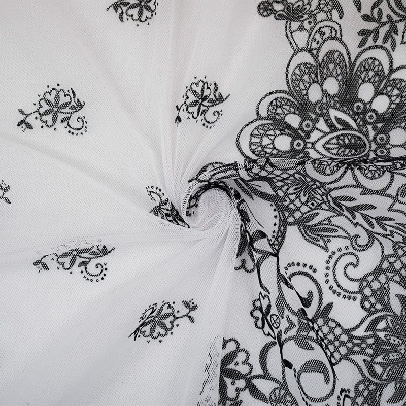 White-Black Nylon Floral Border Printed Mesh Tulle Knit Fabric
