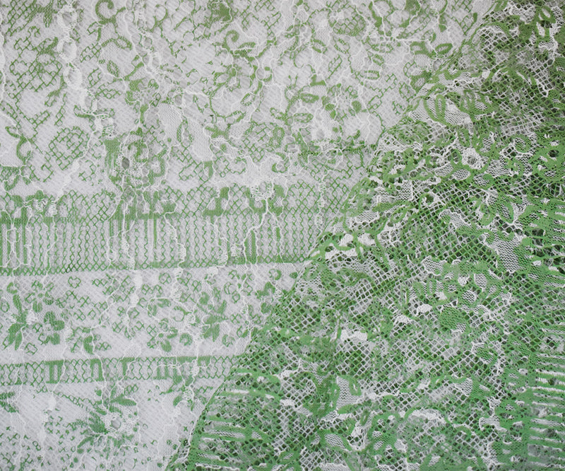 Green-White Nylon Floral Stripe Printed Lace Mesh Knit Fabric