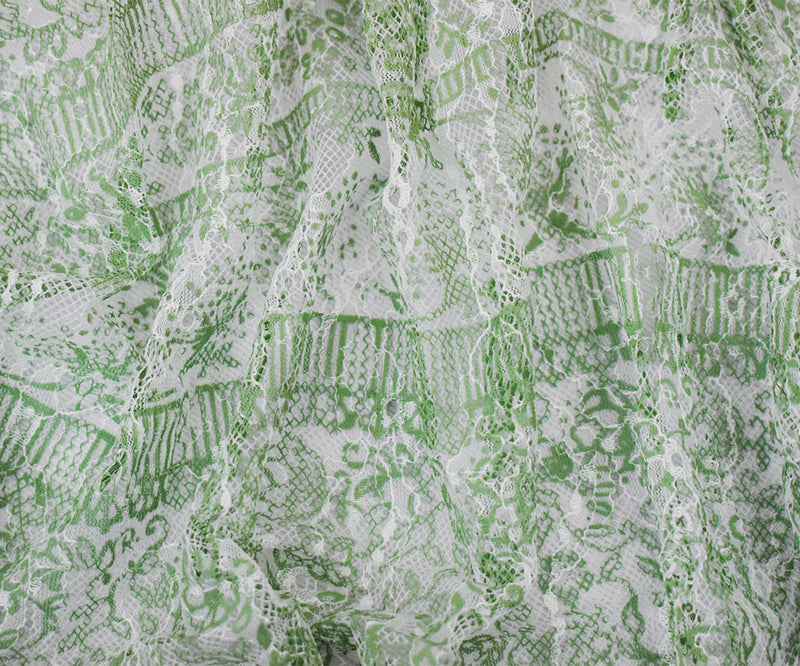 Green-White Nylon Floral Stripe Printed Lace Mesh Knit Fabric