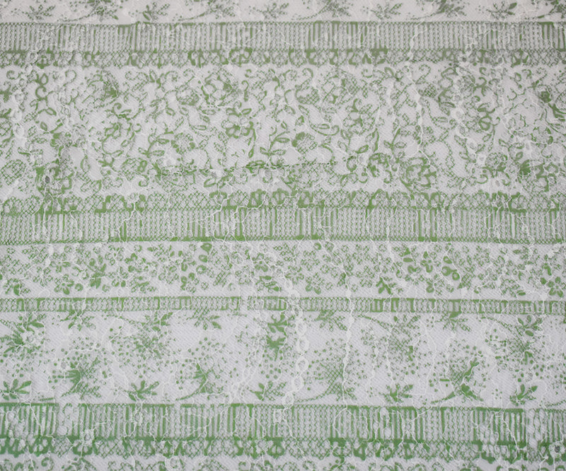 Green-White Nylon Floral Stripe Printed Lace Mesh Knit Fabric