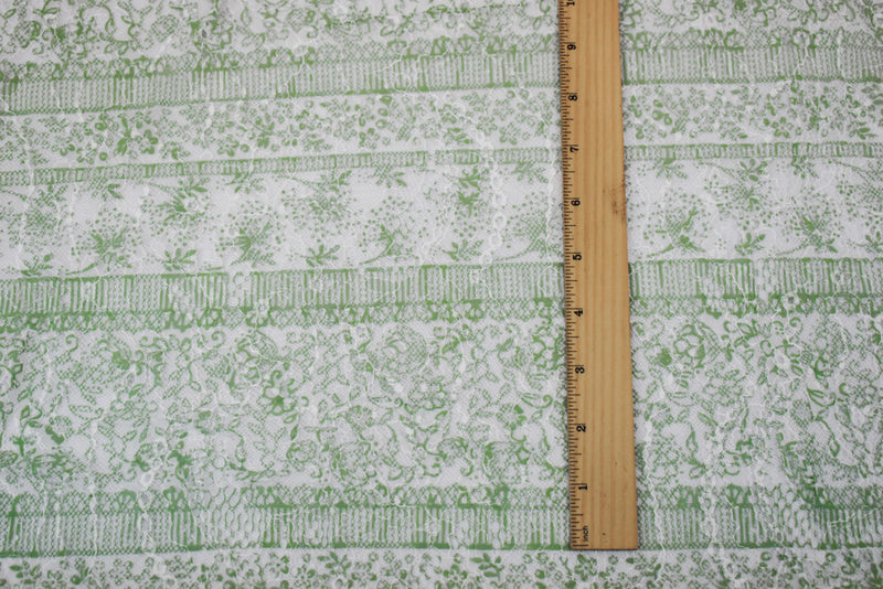 Green-White Nylon Floral Stripe Printed Lace Mesh Knit Fabric