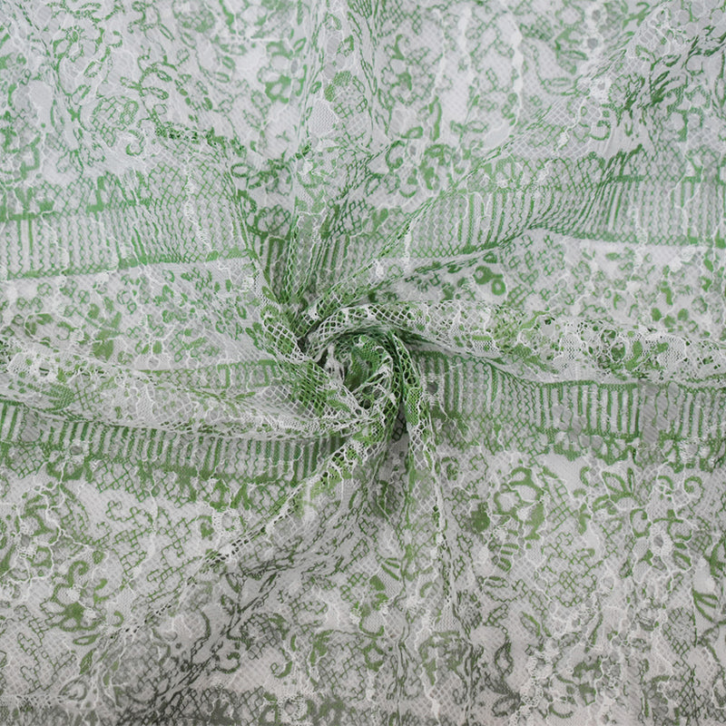 Green-White Nylon Floral Stripe Printed Lace Mesh Knit Fabric