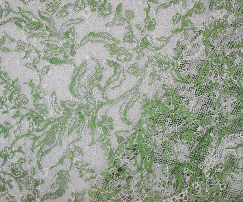 White-Green Nylon Floral Vine Printed Lace Mesh Knit Fabric