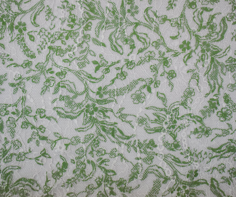 White-Green Nylon Floral Vine Printed Lace Mesh Knit Fabric