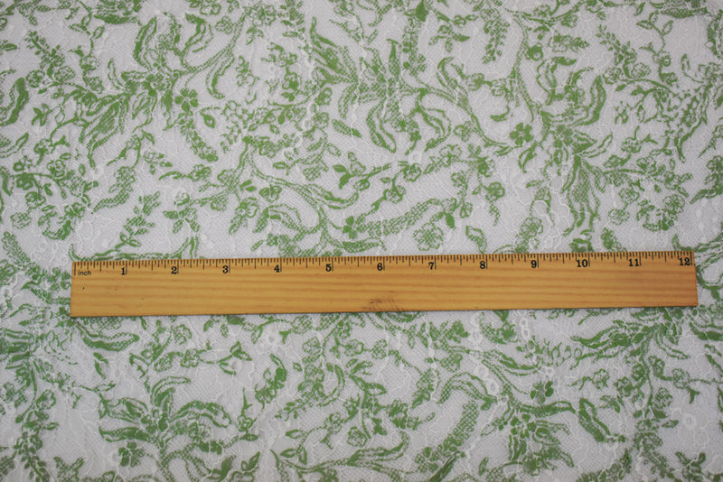 White-Green Nylon Floral Vine Printed Lace Mesh Knit Fabric