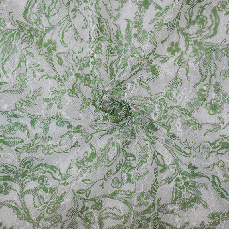 White-Green Nylon Floral Vine Printed Lace Mesh Knit Fabric