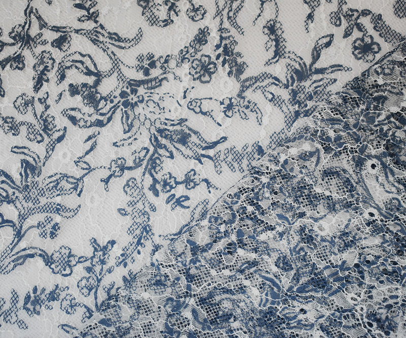 White-Blue Nylon Floral Vine Printed Lace Mesh Knit Fabric
