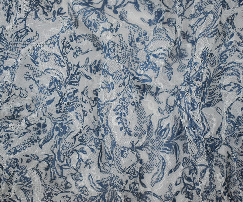 White-Blue Nylon Floral Vine Printed Lace Mesh Knit Fabric