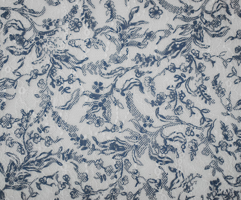 White-Blue Nylon Floral Vine Printed Lace Mesh Knit Fabric