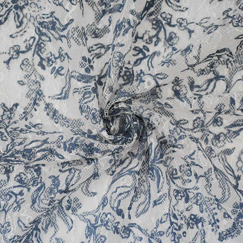 White-Blue Nylon Floral Vine Printed Lace Mesh Knit Fabric