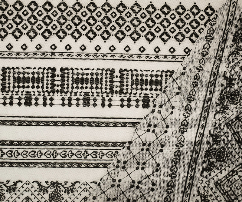 White-Black Nylon Diamond Multi Printed Tulle Mesh Knit Fabric