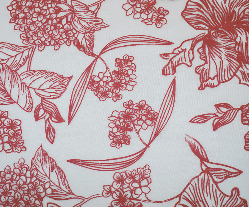 White-Red Nylon Floral Printed Tulle Mesh Knit Fabric