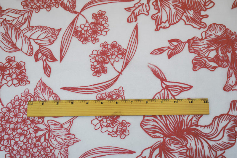 White-Red Nylon Floral Printed Tulle Mesh Knit Fabric