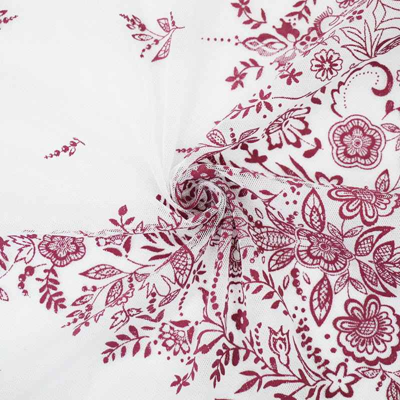 White-Pink Nylon Floral Border Scallop Printed Mesh Tulle Fabric