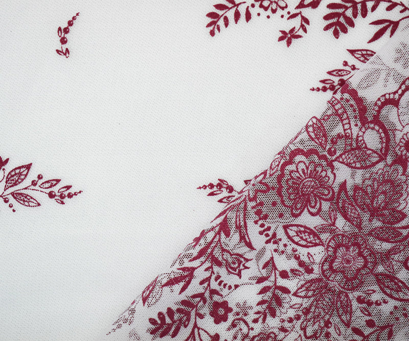 White-Pink Nylon Floral Border Scallop Printed Mesh Tulle Fabric