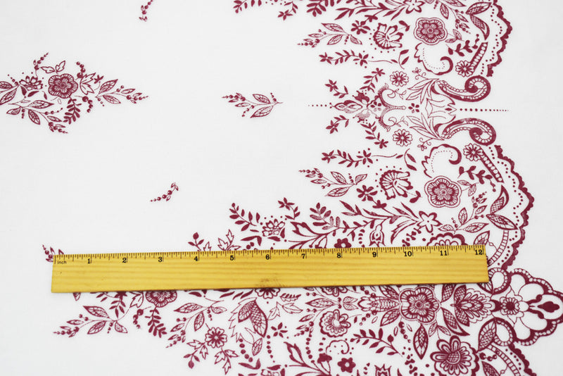 White-Pink Nylon Floral Border Scallop Printed Mesh Tulle Fabric