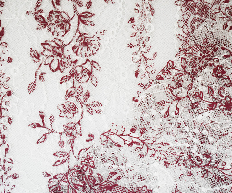 White-Red Nylon Floral Paisley Vine Printed Lace Mesh Knit Fabric