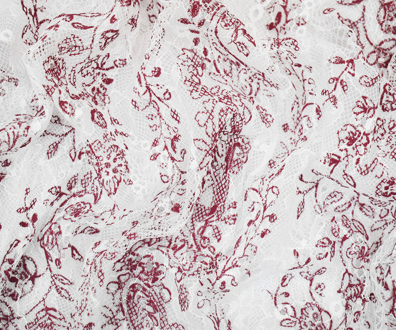 White-Red Nylon Floral Paisley Vine Printed Lace Mesh Knit Fabric