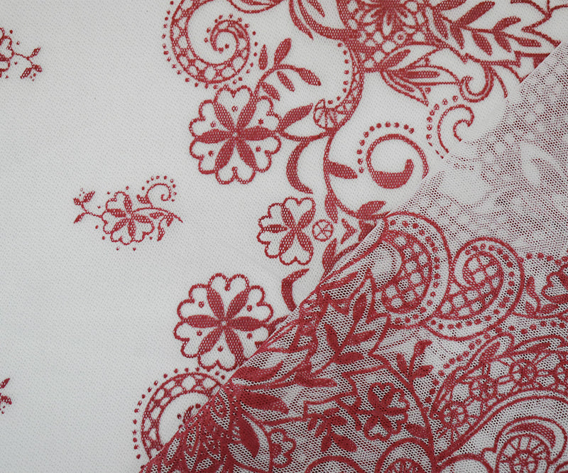 White-Red Nylon Floral Border Printed Mesh Tulle Knit Fabric