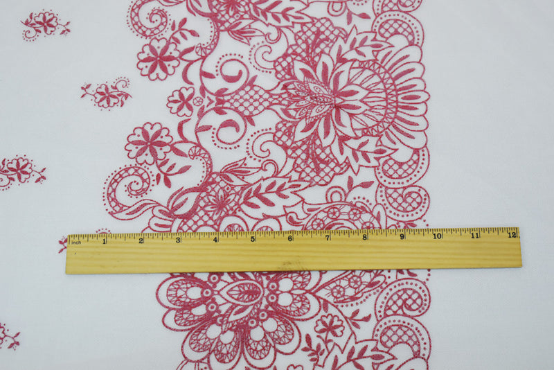 White-Red Nylon Floral Border Printed Mesh Tulle Knit Fabric