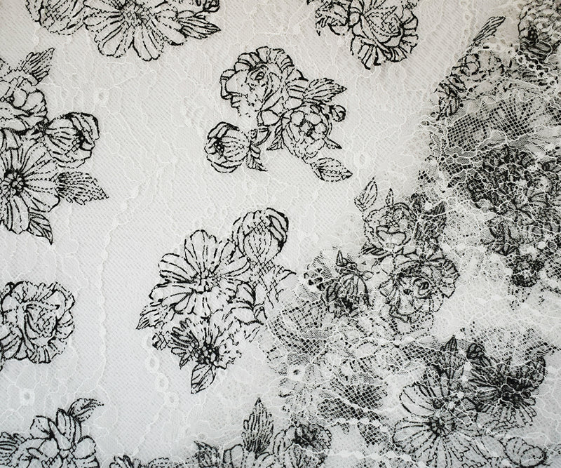 White-Black Nylon Floral Printed Lace Mesh Knit Fabric
