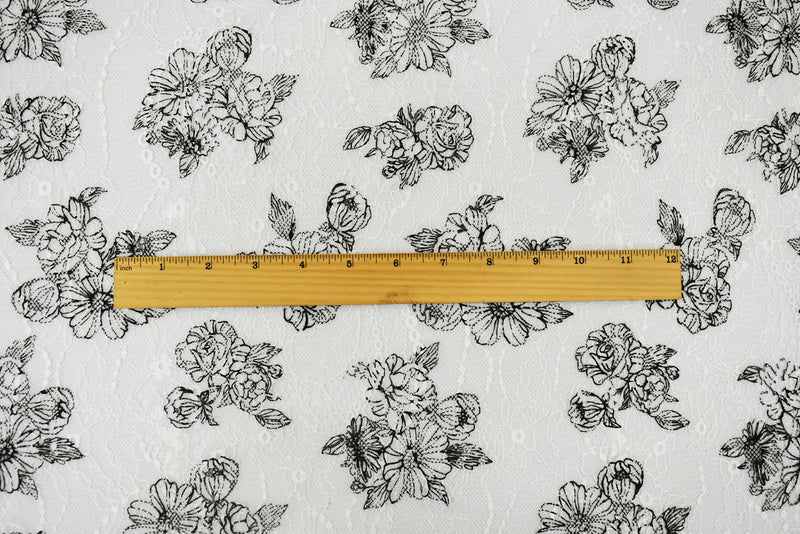 White-Black Nylon Floral Printed Lace Mesh Knit Fabric
