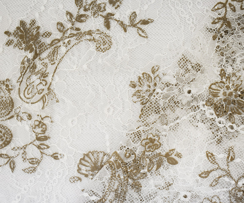 White-Brown Nylon Floral Printed Lace Mesh Knit Fabric