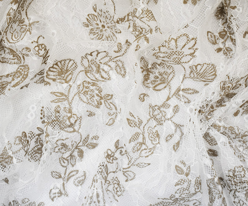 2 7/8 YD PC-White-Brown Nylon Floral Printed Lace Mesh Knit Fabric