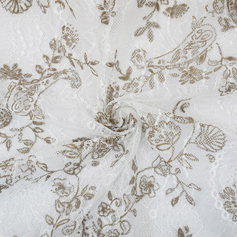 2 7/8 YD PC-White-Brown Nylon Floral Printed Lace Mesh Knit Fabric