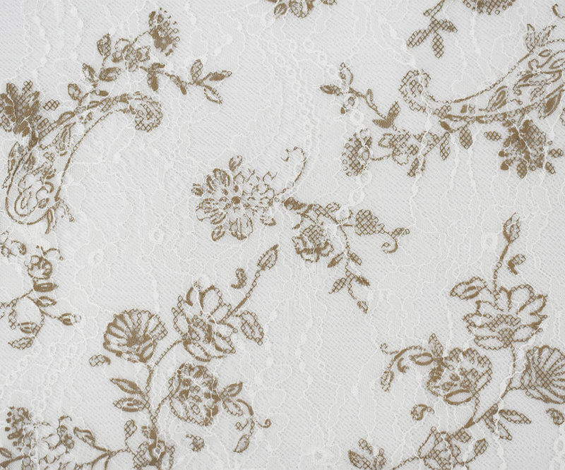 White-Brown Nylon Floral Printed Lace Mesh Knit Fabric