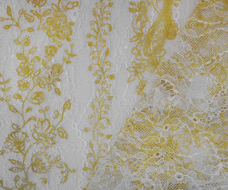 Yellow-White Nylon Floral Vine Printed Lace Mesh Knit Fabric