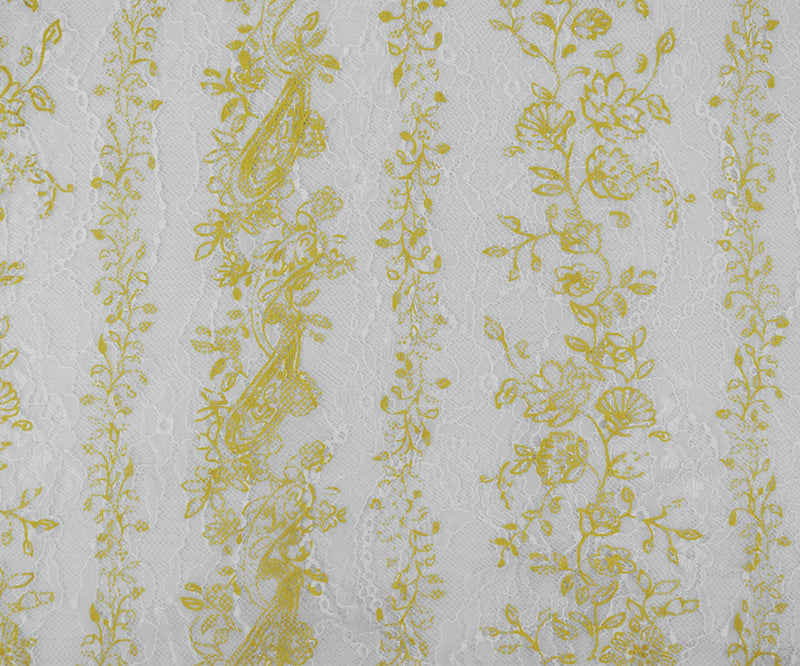Yellow-White Nylon Floral Vine Printed Lace Mesh Knit Fabric