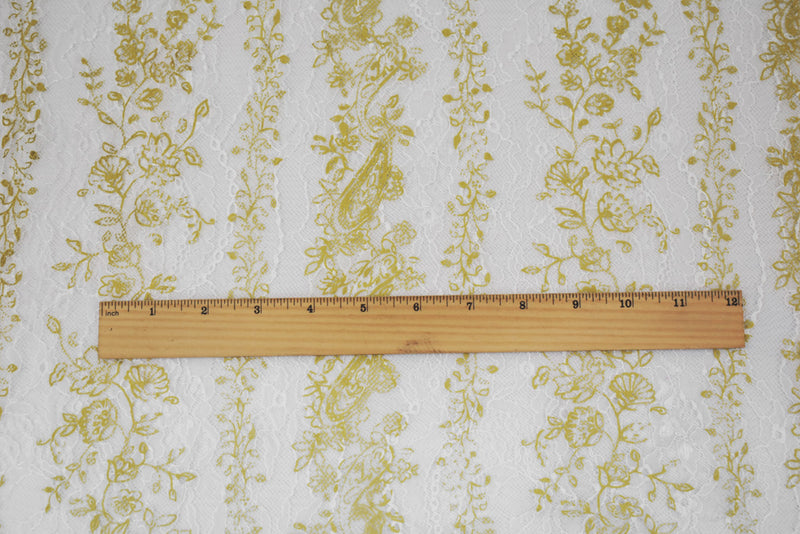 Yellow-White Nylon Floral Vine Printed Lace Mesh Knit Fabric