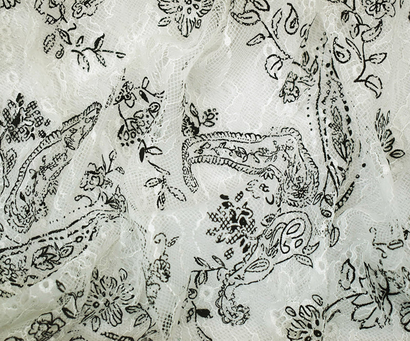 White-Black Nylon Floral Paisley Printed Lace Mesh Knit Fabric