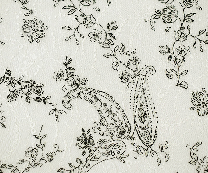White-Black Nylon Floral Paisley Printed Lace Mesh Knit Fabric