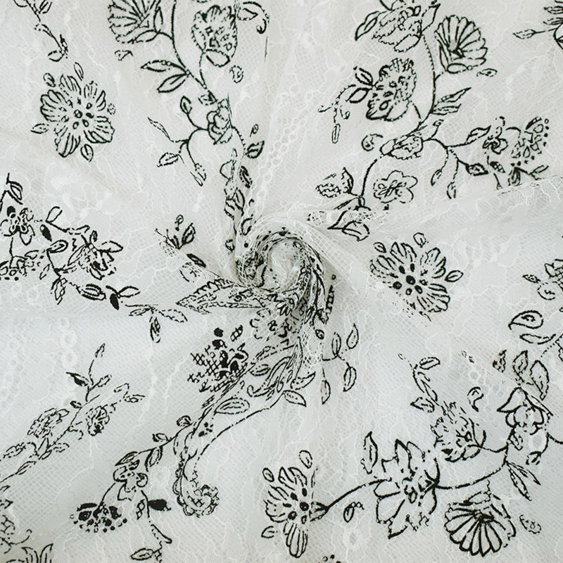 White-Black Nylon Floral Paisley Printed Lace Mesh Knit Fabric