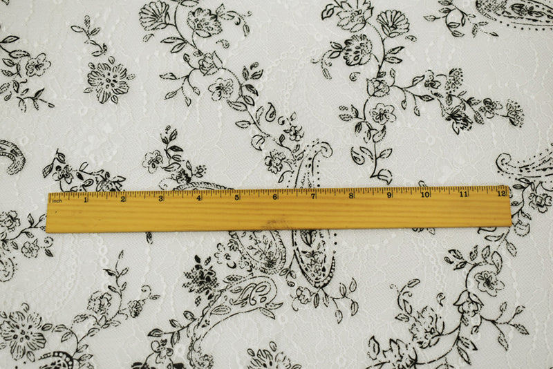 White-Black Nylon Floral Paisley Printed Lace Mesh Knit Fabric