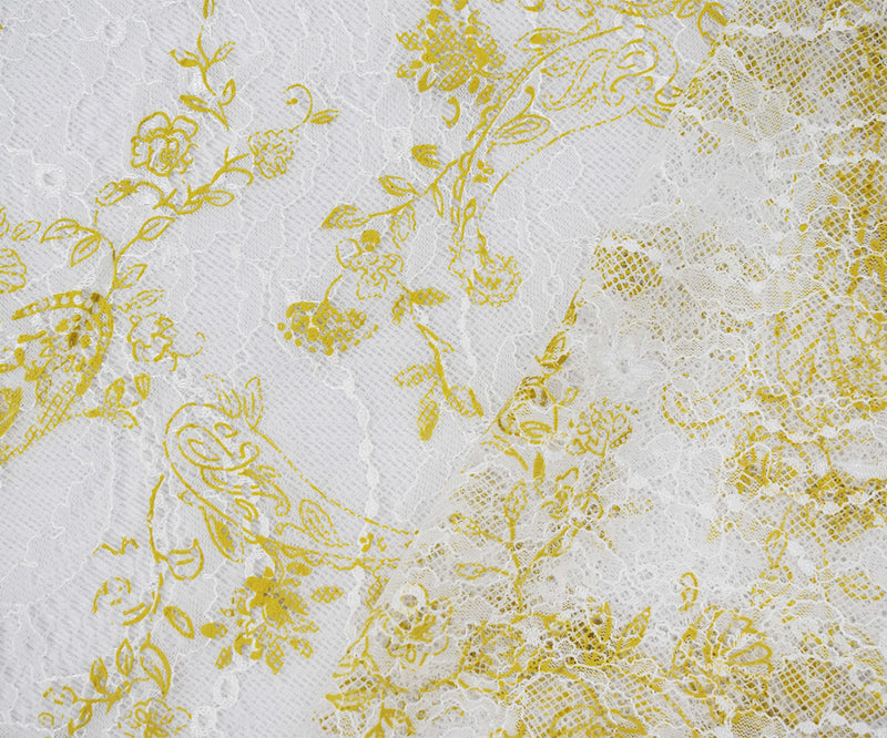 White-Yellow Nylon Floral Paisley Printed Lace Mesh Knit Fabric