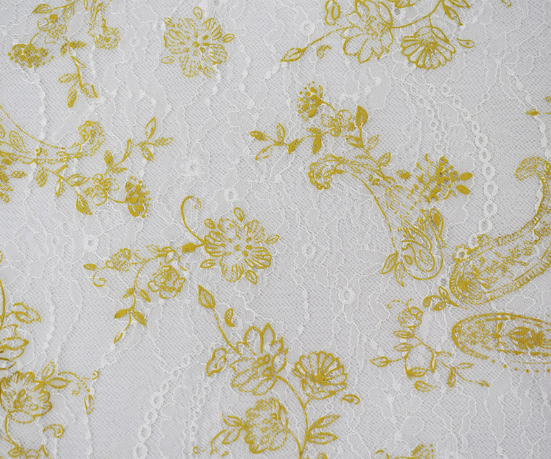 White-Yellow Nylon Floral Paisley Printed Lace Mesh Knit Fabric