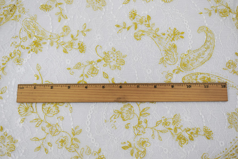 White-Yellow Nylon Floral Paisley Printed Lace Mesh Knit Fabric