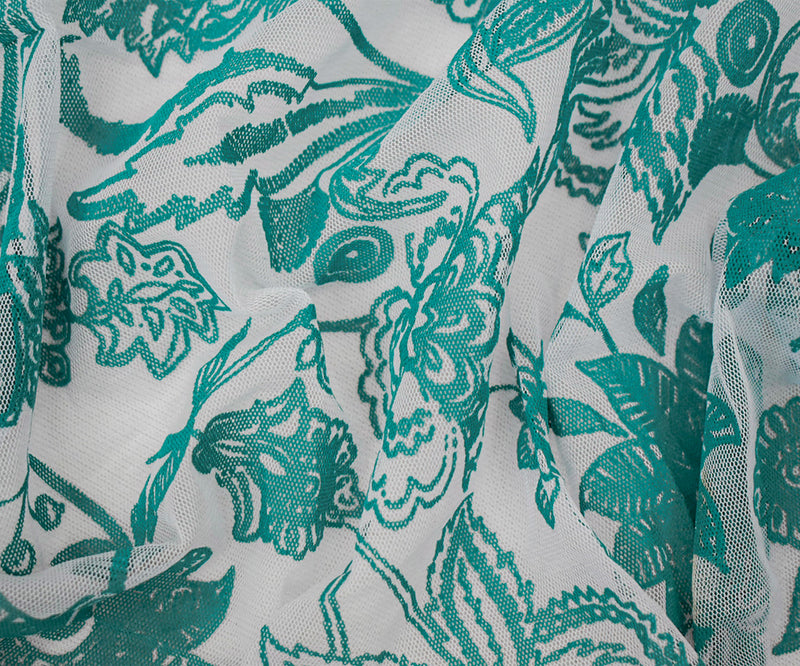 Dark Teal-White Nylon Floral Printed Mesh Tulle Knit Fabric