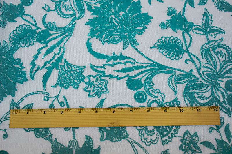 Dark Teal-White Nylon Floral Printed Mesh Tulle Knit Fabric