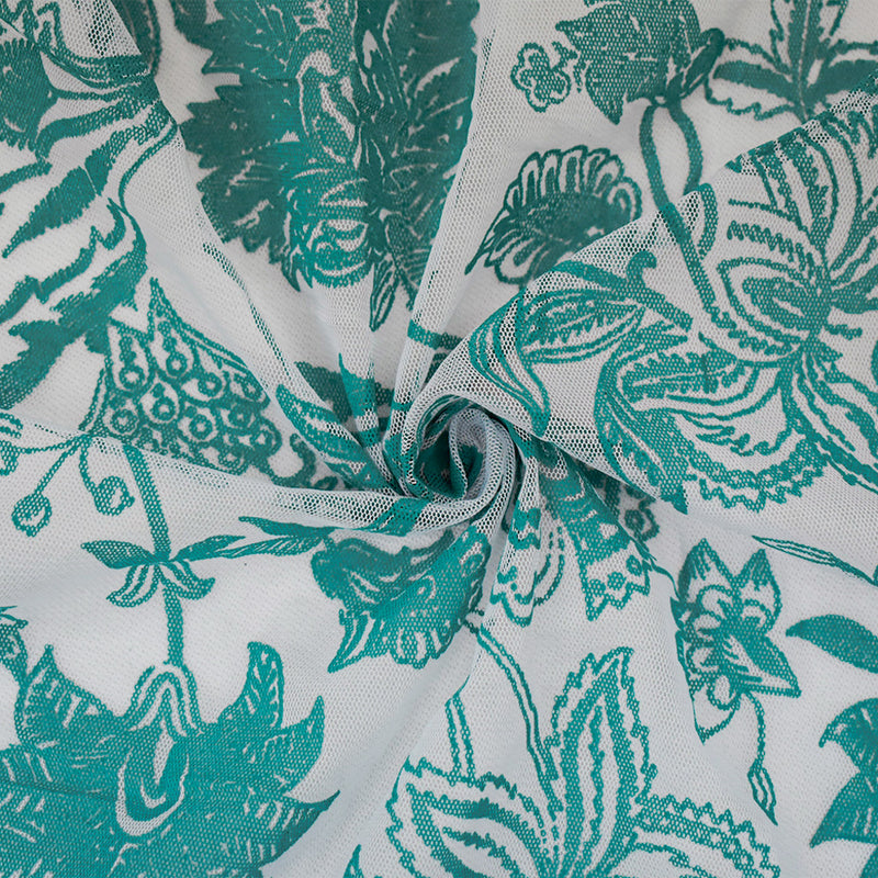 Dark Teal-White Nylon Floral Printed Mesh Tulle Knit Fabric
